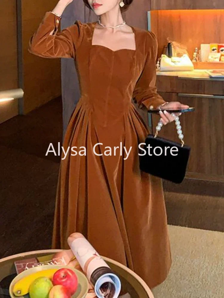 Elegant Vintage Velvet Midi Dress Women Spring Patchwork Chic Fashion Korean Fairy Dress Female Court Retro Casual Party Dresses