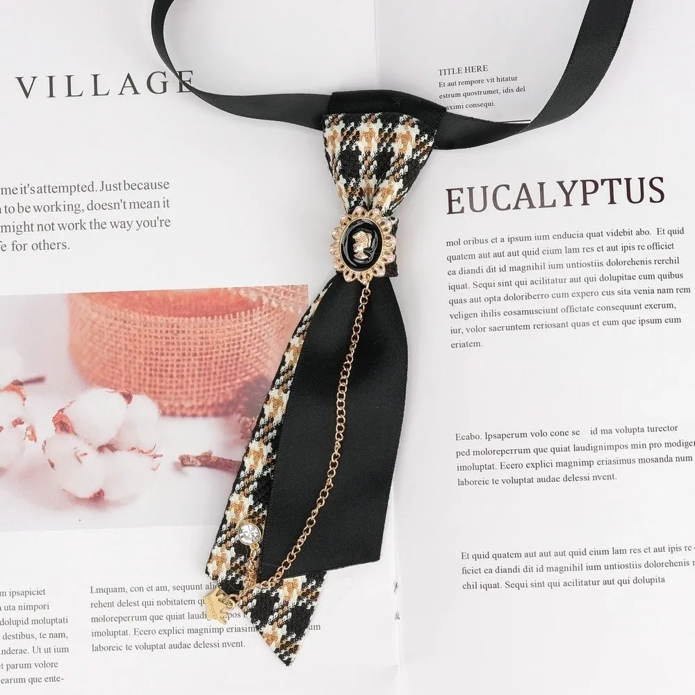 Y2K Preppy Necktie Rhinestone Chain Oval Plaid Bow Tie Adjustable Strap Multiple Colors Decorative Neck Tie