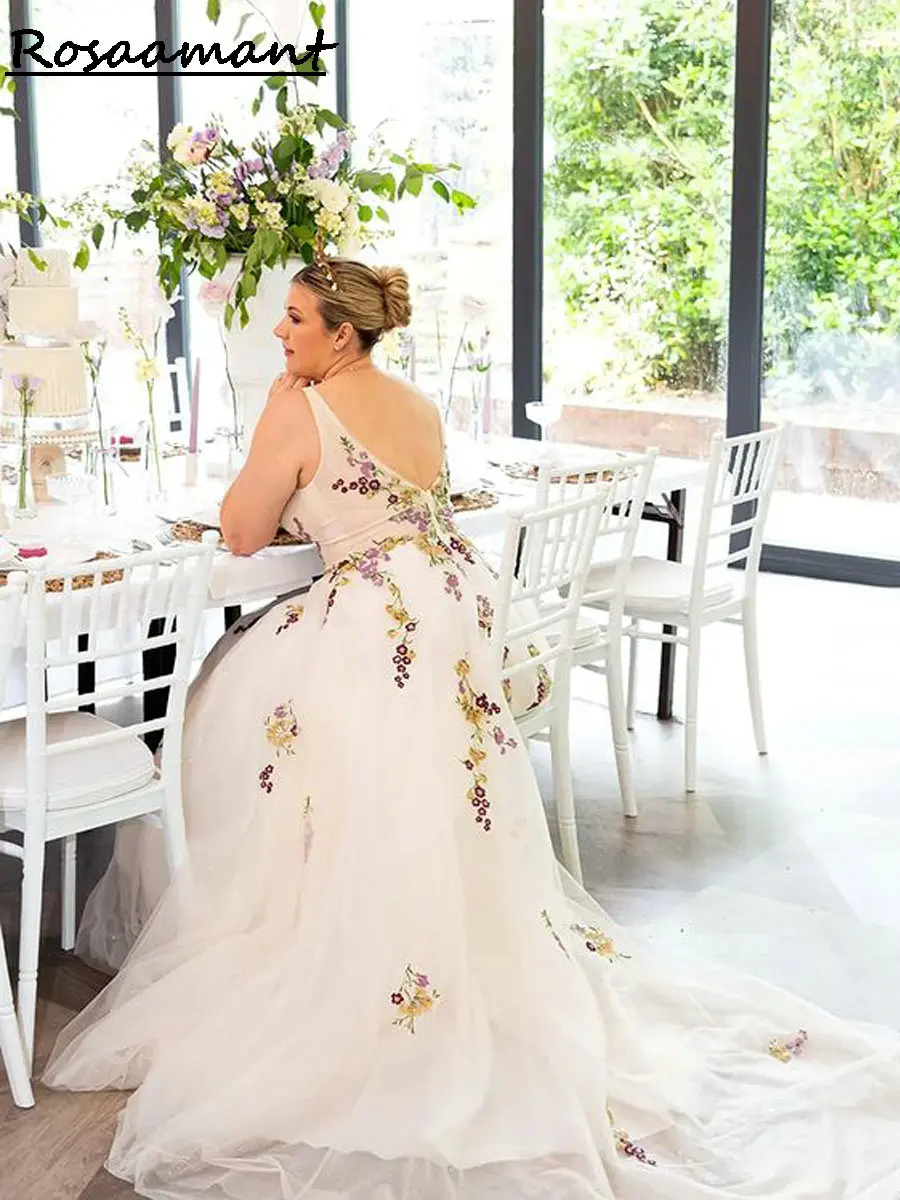 Plus size com decote em v sem costas a linha vestidos de casamento colorido apliques florais rendas personalizado país vestidos de noiva