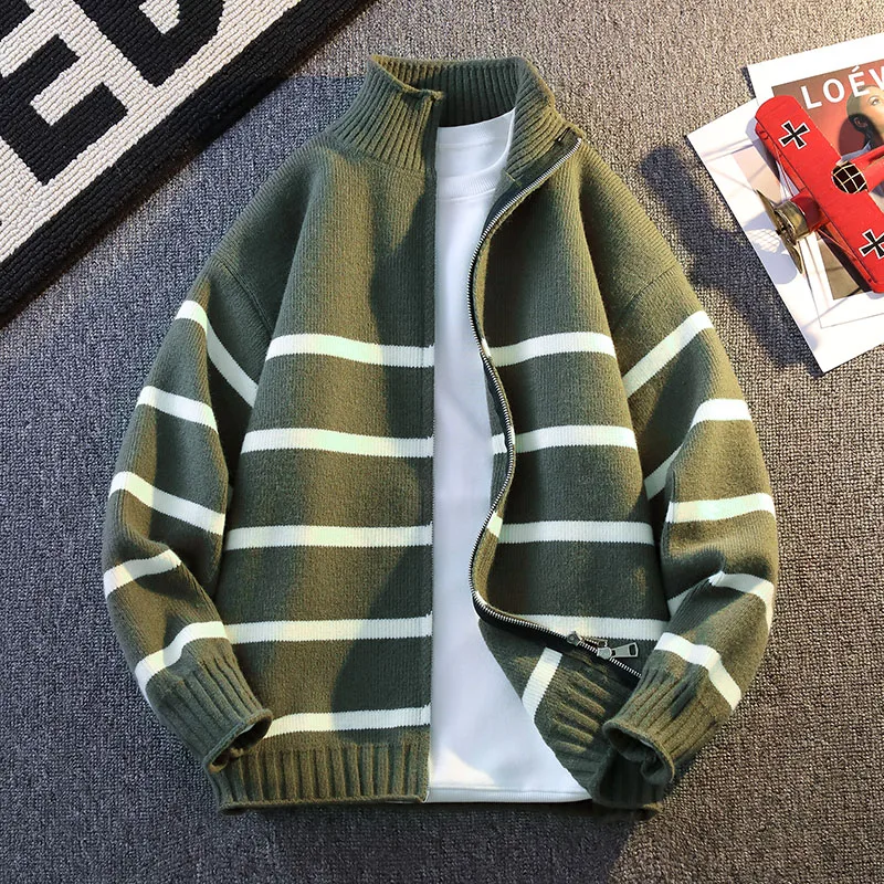 

Мужская одежда на молнии с фонариком и длинным рукавом, весенне-осенний кардиган, свитер, вязаные пальто, повседневные топы с круглым вырезом контрастного цвета