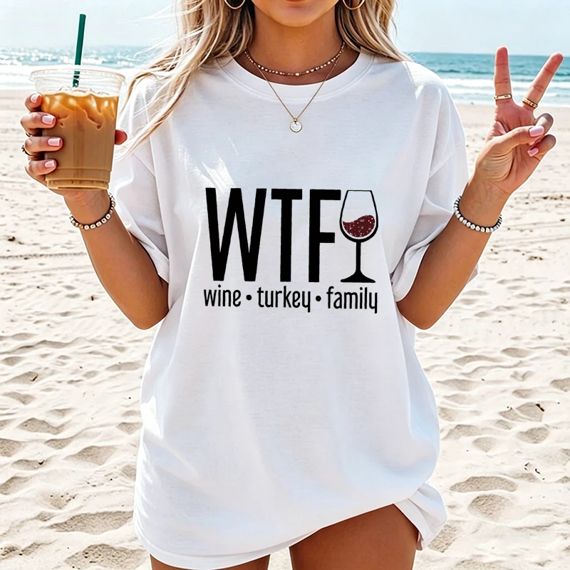 Short Sleeve Casual Tee Funny Coffee  Wine Print Trend Women Fashion Clothing Graphic T-shirts Clothes Day Evening Drinks Shirt
