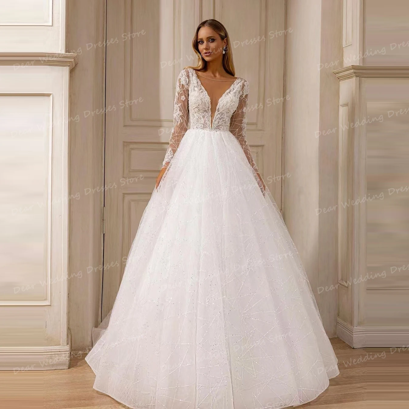 2024 Vintage Wedding Dresses Sexy Fluffy A Line Tulle Bridal Gowns Women's V Neck Lace Long Sleeve Backless Sparkling Vestidos