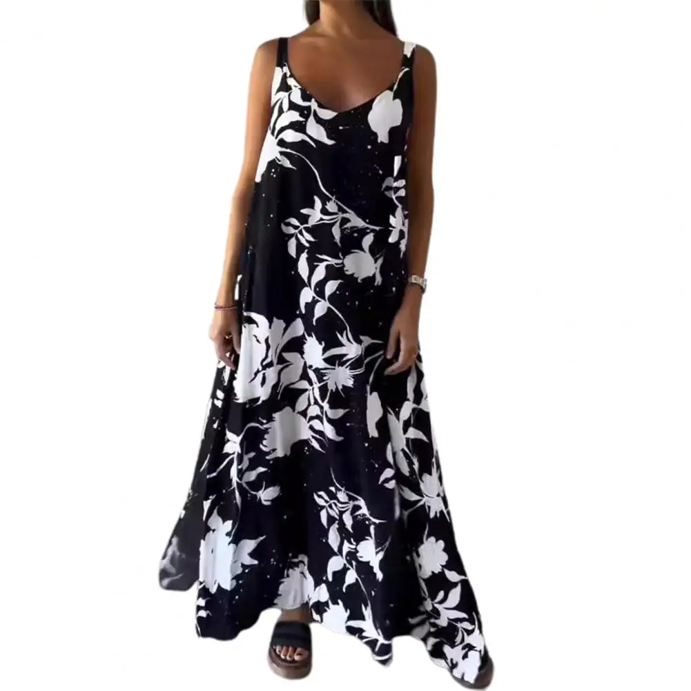 

Women Dress Floral Print V Neck Maxi Dress for Women Vacation Beach Style Sundress with Backless Design Loose Fit Loose Hem