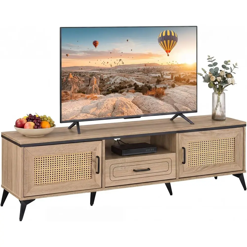 Boho TV Stand or 65 Inch TVs, Century ern Media Entertainment Center with Der, 2 Cabiwith Rattan Do, Metal Legs, Cable Hole, TV