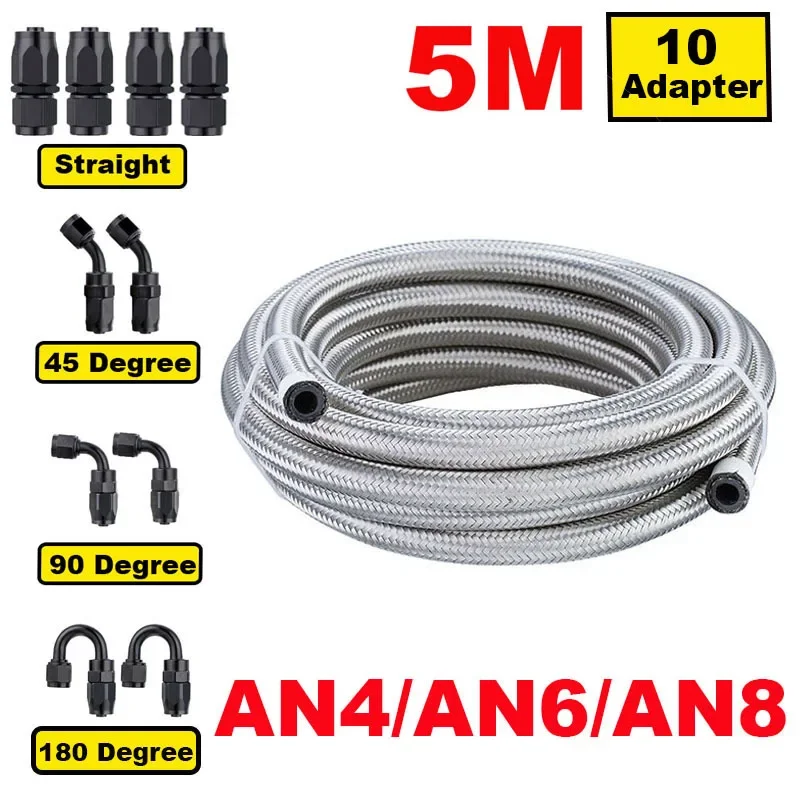 

16FT 5M AN4 AN6 AN8 Car Fuel Hose Oil Gas Cooler Hose Line Pipe Tube Stainless Steel Braided Inside CPE Rubber + 10 End Adapters