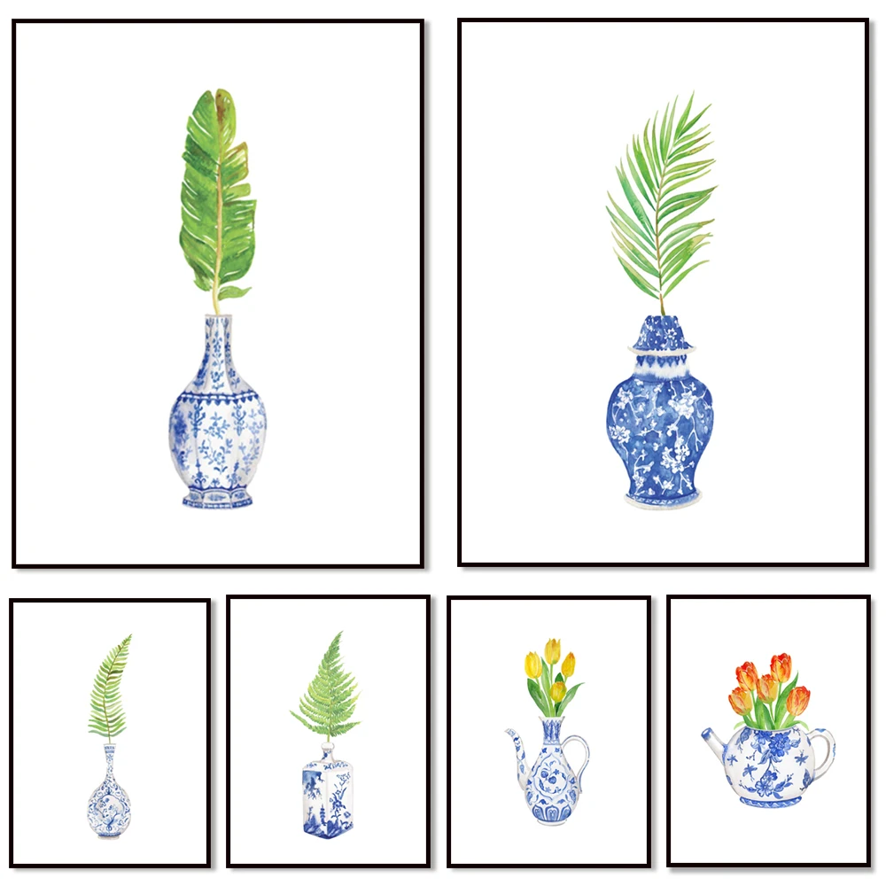 Watercolor flowers in chinoiserie vase printable art, chinoiserie art poster, home decor