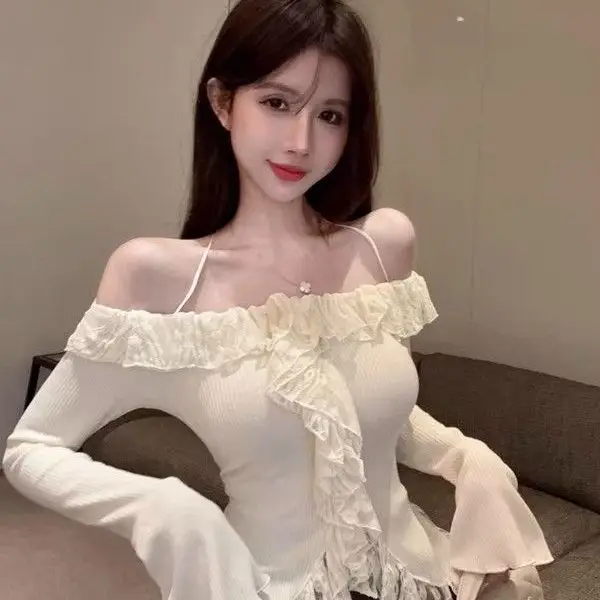 Skinny Irregular Hanging Neck Knitted Top Pure Desire Style One Shoulder Lotus Leaf Lace Patchwork Bottom Shirt for Women