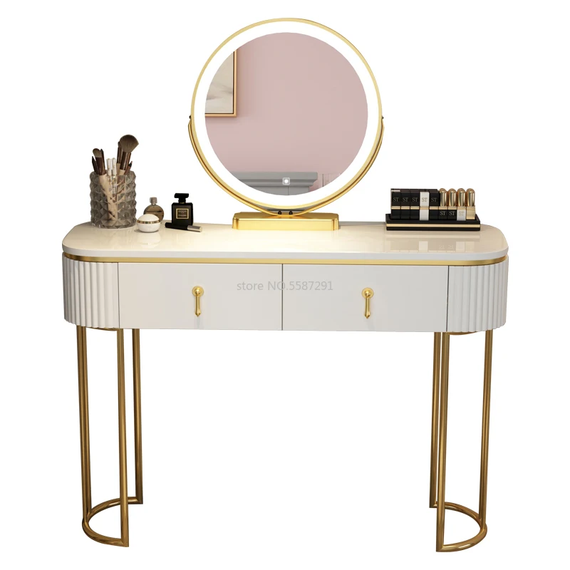 Tocador de lujo minimalista para dormitorio, mesa de maquillaje, taburete de tocador, luz multifunción, lámpara, muebles