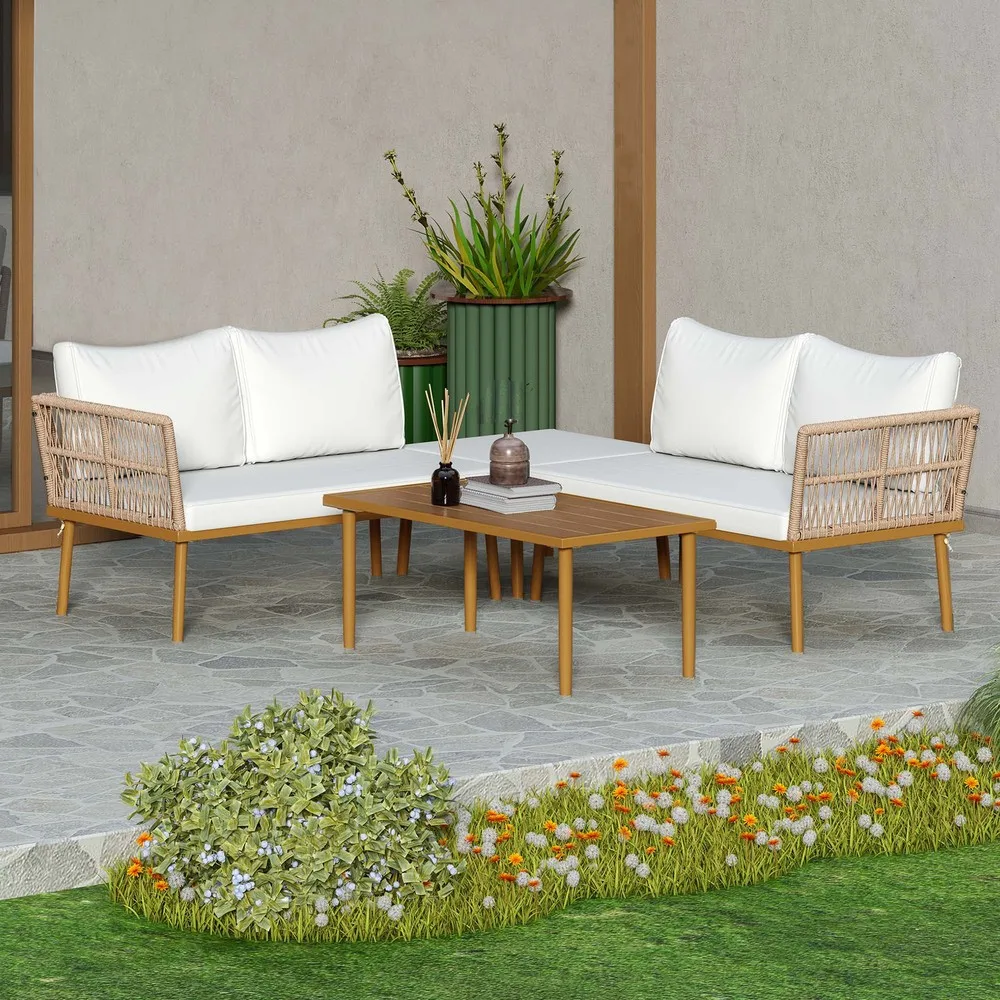 

Набор секционных диванов для улицы из 4 предметов, всепогодная плетеная L-образная мебель для патио