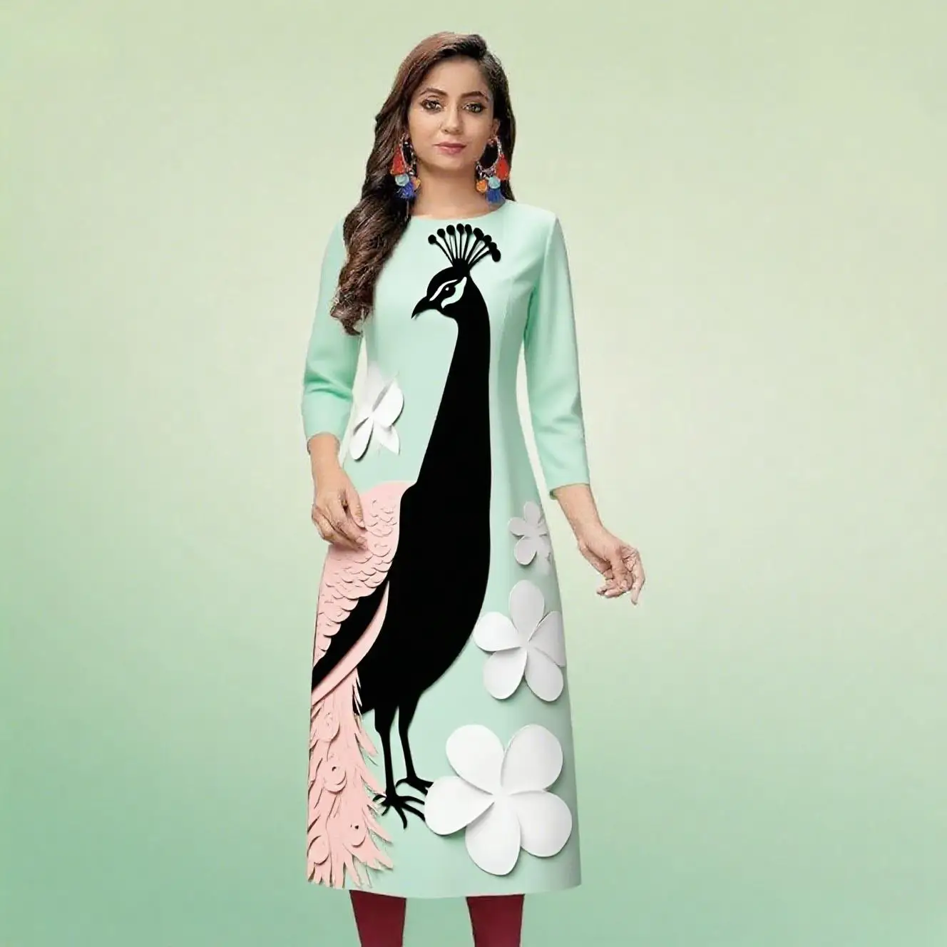 เดรสลำลองแฟชั่นผู้หญิง KURT แขนยาว ทรงตรง ลายดอกไม้สไตล์ชาติพันธุ์ คอกลม ไซส์ปกติ ดีไซน์ทันสมัย ปี 2026