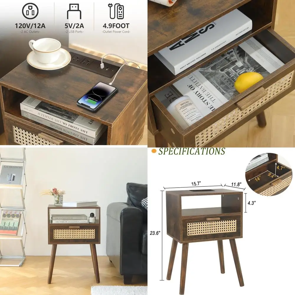 

Тумбочка из ротанга середины века с зарядкой, ножки из массива дерева для спальни и гостиной, коричневый в деревенском стиле