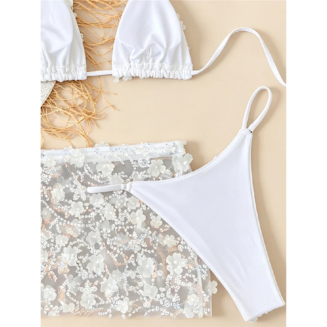 S - XL Dreiteiliges Bikini-Set mit Rock, Blumen, Pailletten, Damen-Bikini, Badeanzug, Badebekleidung, Badeanzug, Schwimmbekleidung V7864 – Detail 10