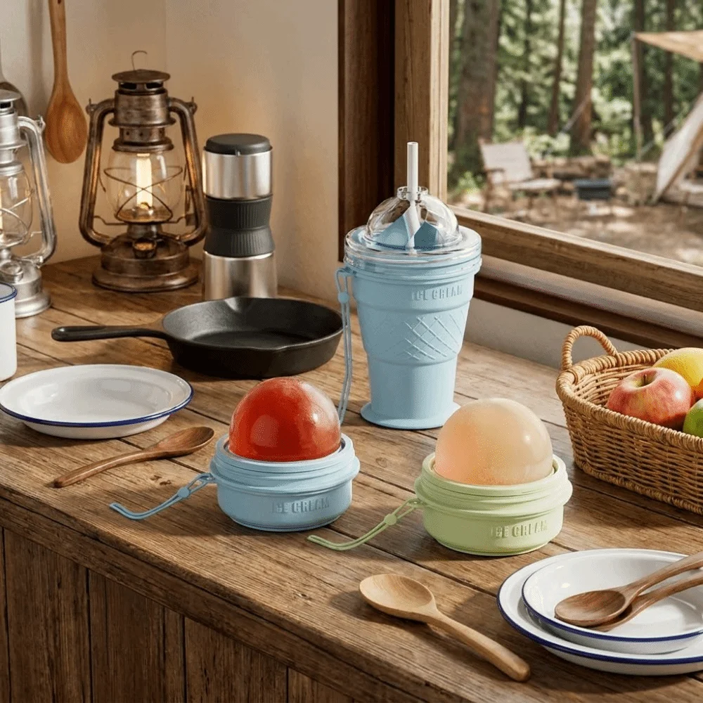 2 in 1 Foldable Ice Ball Cup Leak-Proof Ice Cream Design Ice Cube Water Bottle Portable Food Grade Ice Mold Cup Summer Outdoor
