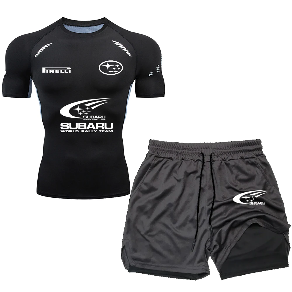

SUBARU men's compression T-shirt+sports shorts 2-in-1, 2-piece set, with running and gym SUBARU racing printed short sleeved spo