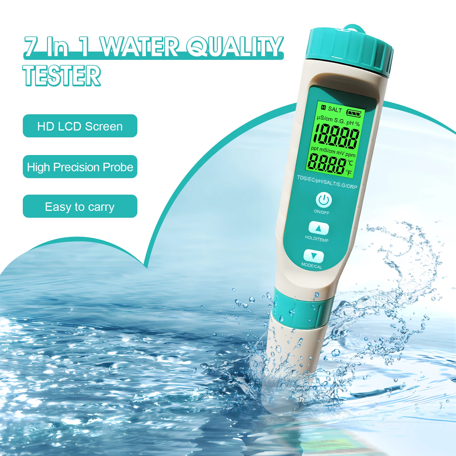 

7-in-1 Digital Pool Water Tester - pH, TDS, Salt, ORP, S.G, Temp & EC Meter for Aquariums, Hydroponics & Drinking Water