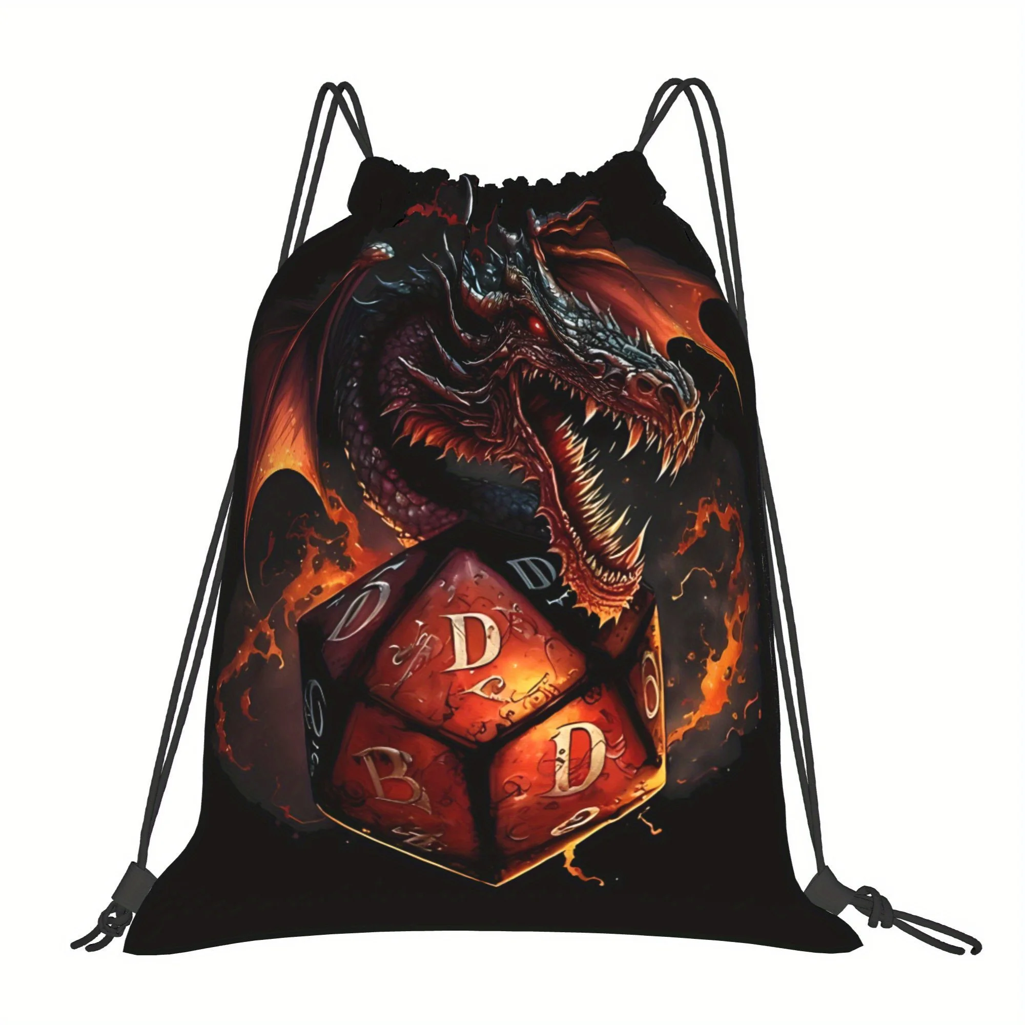 Dragon & Dice Creative Print Drawstring Bag, Durable & Lightweight, Travel Daily School Storage Bag