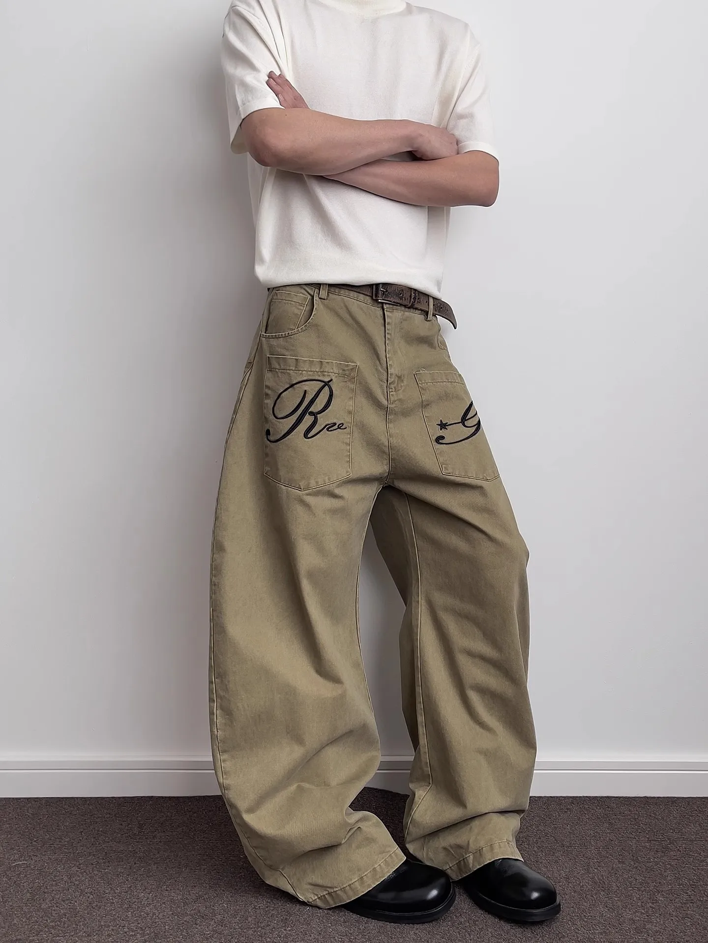 

Retro American Embroidered Letter Work Pants Men's CleanFit Deconstructed Straight Leg Micro Flared Trousers Casual Leisure S...