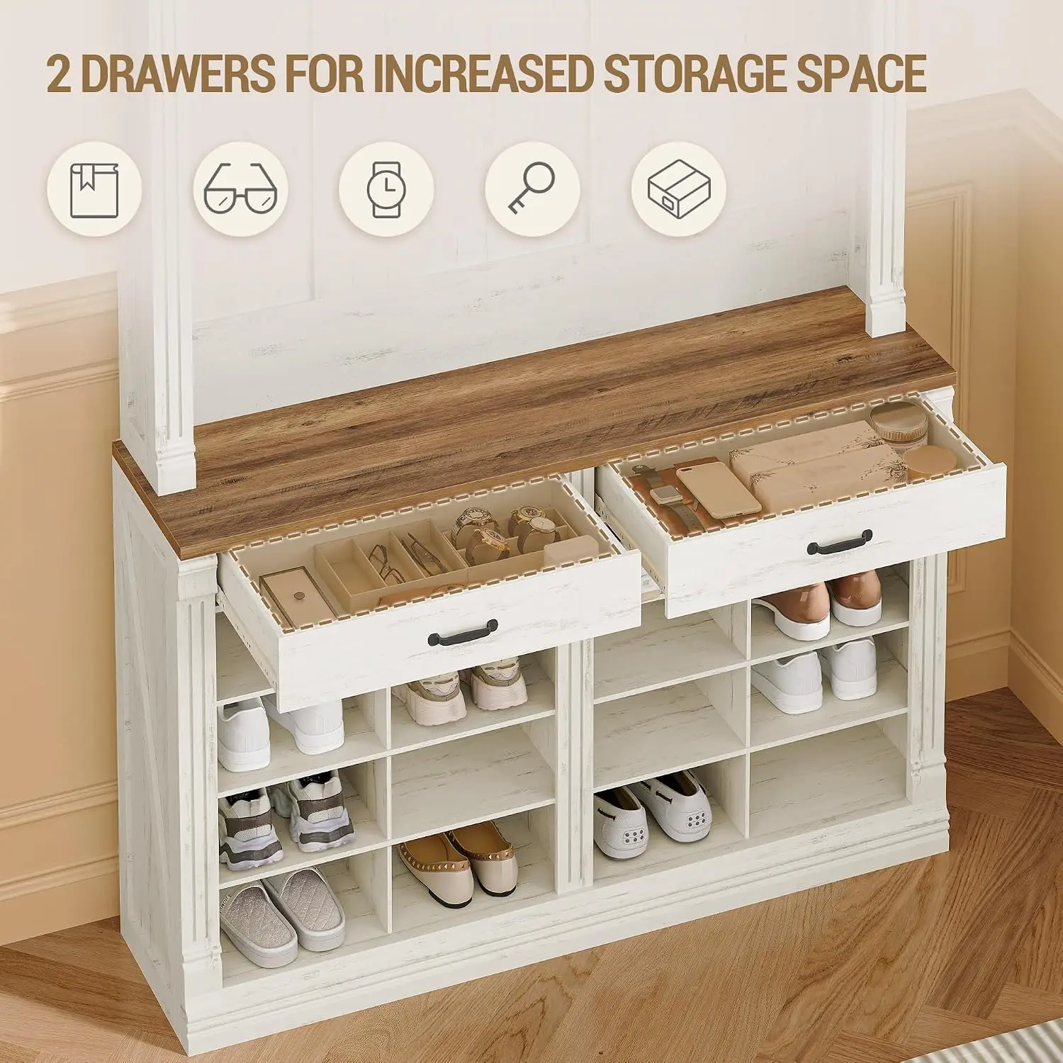 42.5 in Hall Tree with Bench and Storage, Wood Entryway Coat Rack