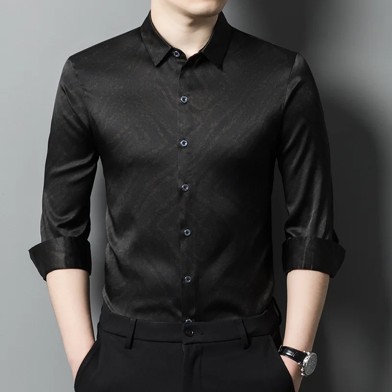 

Men Silk Shirt Spring New Silk Long Sleeve Shirt Fashion Casual Satin Silk Men Top