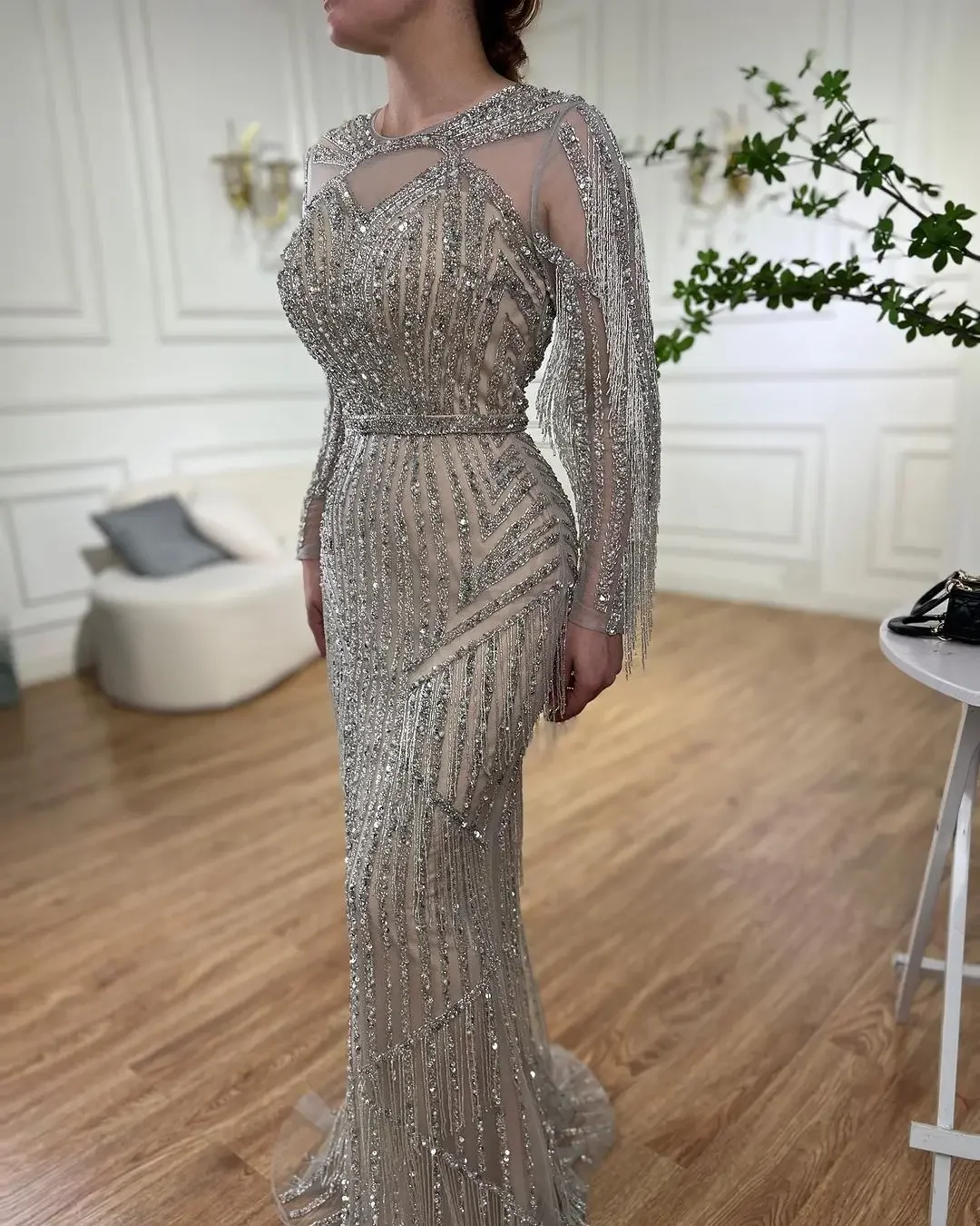 Luxury Silver Muslim Mermaid Prom Dresses Tassel Beaded Evening Dresses New Formal Occasion Wedding Party  Gowns For Women 2024