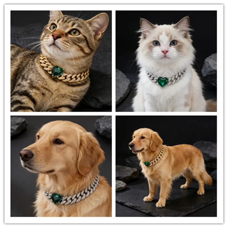 13mm Dog Cat Chain Big Green Heart Diamond Miami Cuban Link Walking Metal Collar Jewelry Accessories for Medium Big Pets