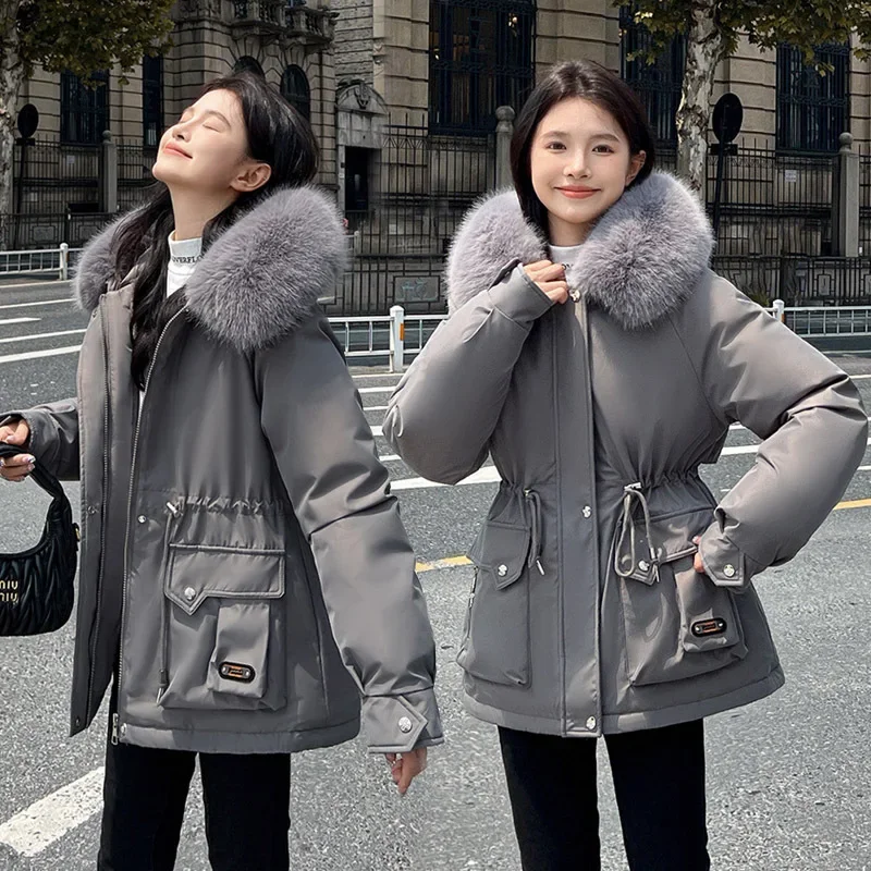 

Winter Cold Women Clothing Fur Collar Hooded Parkas Fleece Warm Windproof Windbreaker Long Sleeve Pockets Thick Jacket Snowsuit