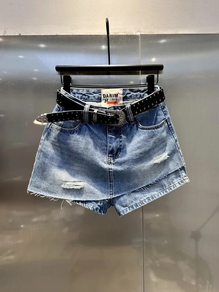 

Ripped Denim Skirt Women's High Waist Asymmetric Zipper Casual Style City Commute Cotton Fabric Slimming Design