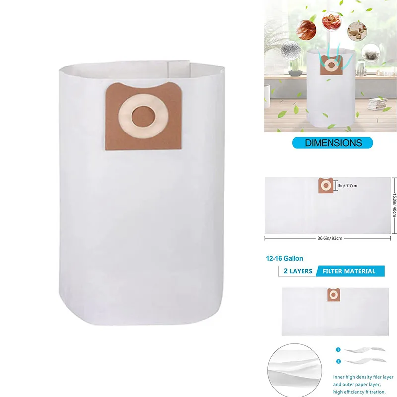 Reemplazo de bolsas de polvo de alta eficiencia para RIDGID, bolsas de filtro de vacío húmedo/Seco, 12 a 16 galones, VF3502