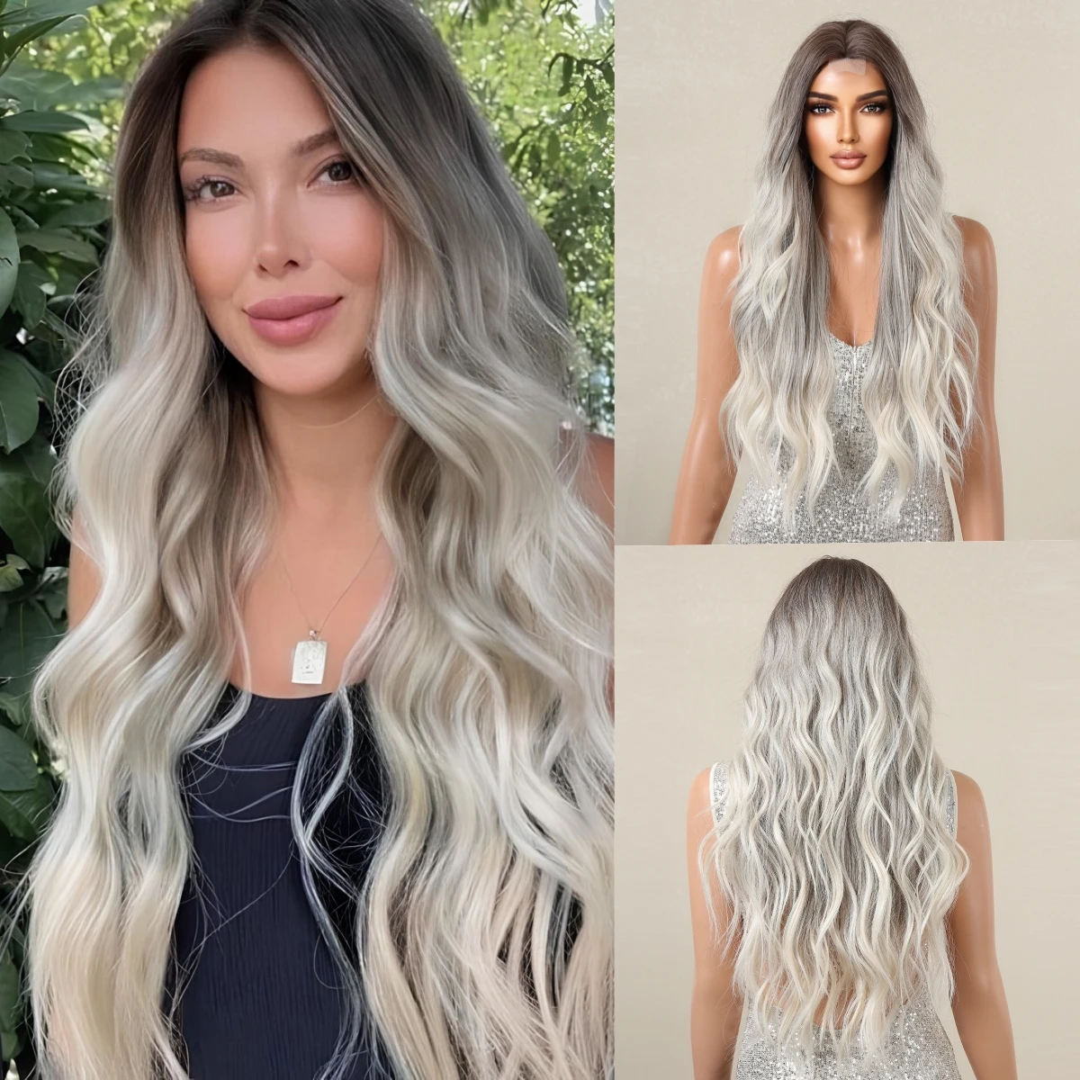 

Long Body Wavy Hairline Lace Wigs For Women Daily Party Cosplay Grey Blonde Brown Ombre Synthetic Hair Wig High Temperature