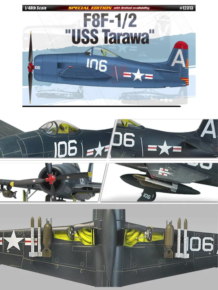 Academy Kit Model pesawat rakitan, pesawat pembawa 12313 F8F-1/2 USS TARAWA edisi khusus 1/48