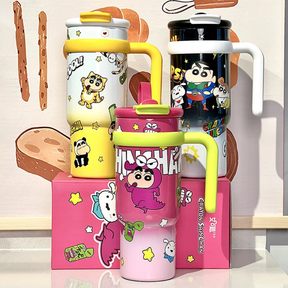 

Аниме-карандаш Шин-тян 900 мл, изолированная бутылка для воды из нержавеющей стали с ручкой, мультяшный соломенный термос большой емкости, подарки