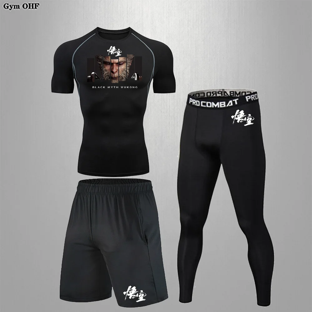 Wukong Myth T-shirts For Men Three-piece Suit High Elasticity Compression Anime Printing Theme Gym Training Boxing Yoga Sports