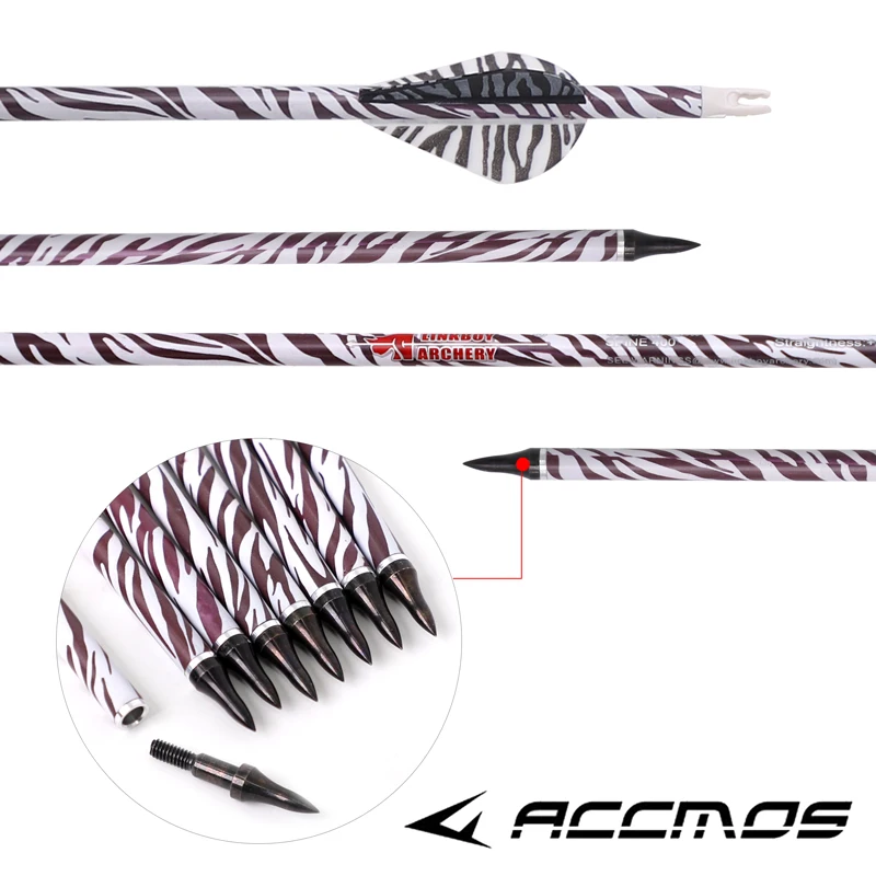 6/12pcs ID 6.2mm 30in Sp400 Pure Carbon Zebra Skin Arrow with 2in Tiger Stripe Vane Arrows Recurve/Compoud Bow Hunting Shooting