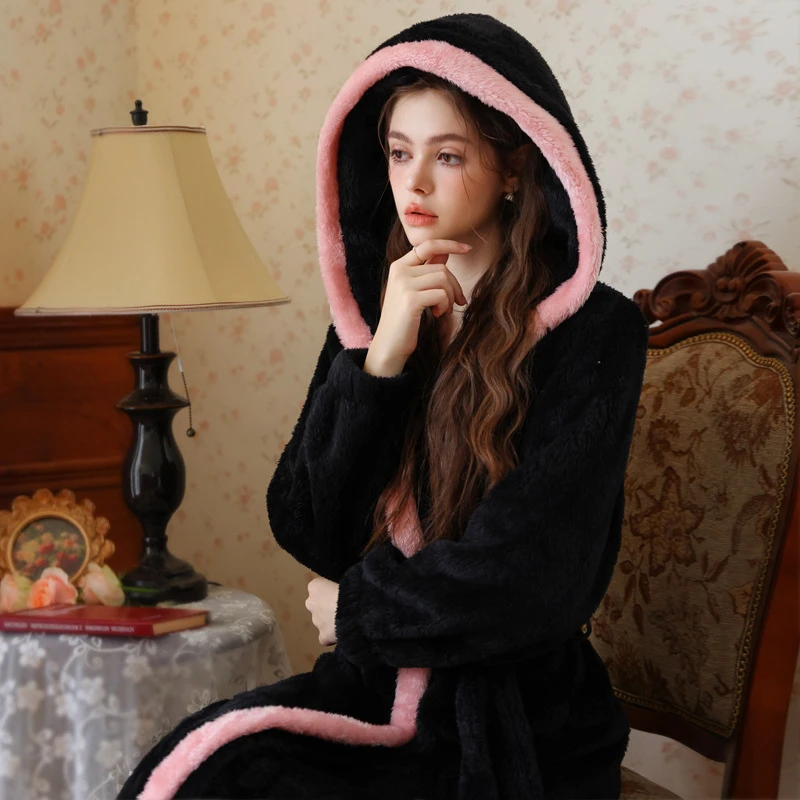 Sweet Hooded Flannel Robe Sleepwear Coral Fleece Female Long Sleeved Bathrobe Winter Warm Thick Nightgown Home Dressing Gown