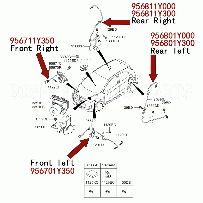 새로운 OEM 956701Y350 956711Y350 956801Y000 956811Y000 KIA PICANTO II TA 1.0 1.2 2011-2017 용 전면 및 후면 ABS 휠 속도 센서