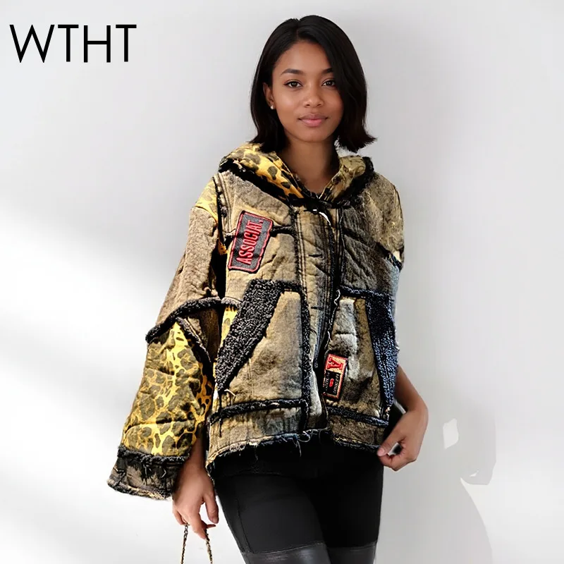 

WTHT Vintage Trendy Women's Leopard Patchwork Hooded Quilted Jacket 2025 Winter Fashion Long Sleeves Warm Coat Female 1LS2772