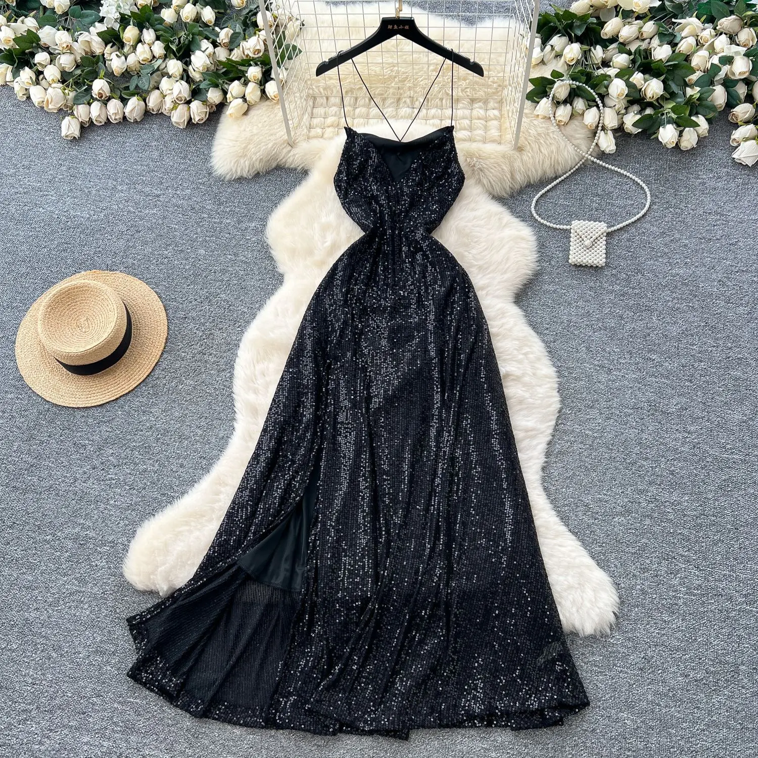 

Women Y2k Dress Regular Dresses Sexy Sequin Lace Up Slit Vestidos Collarless Ankle Length Cinched Empire Waist 2025 Autumn
