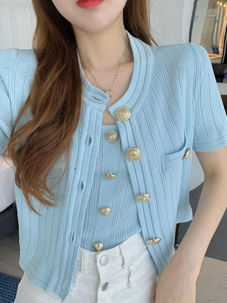 Fashion Knitted Shirt Women\'s Summer New Sweater Jacket Fit Metal Button Short Sleeved Knit Wears Top Female Trendy 2 Piece Sets