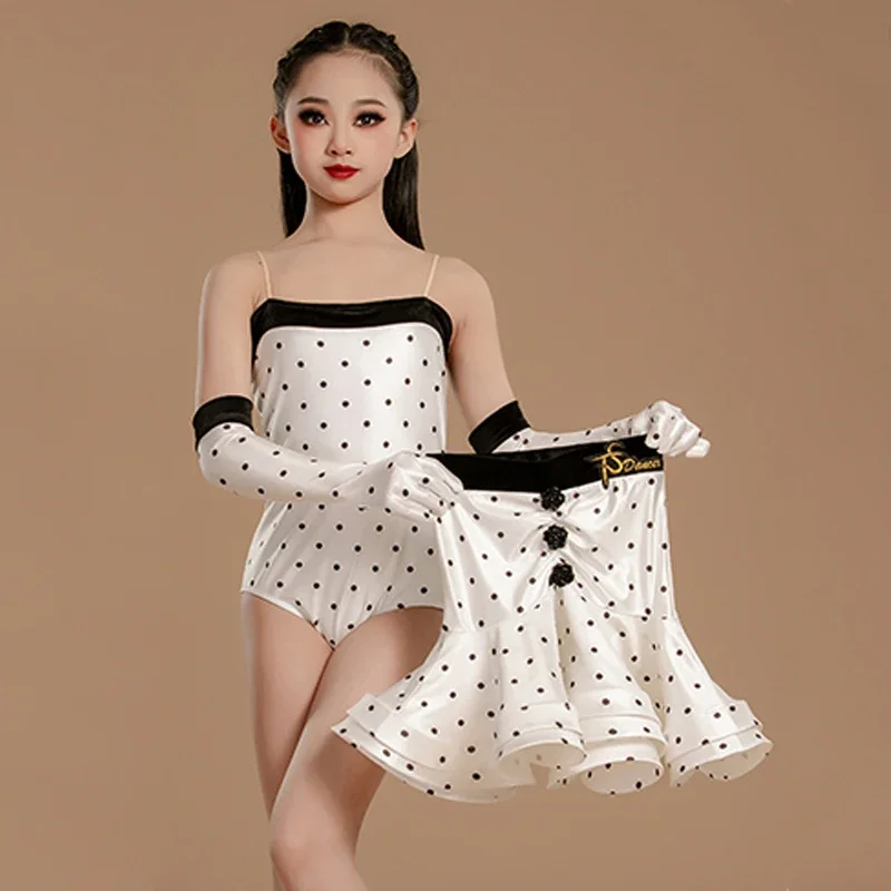 Vestido de ponto branco luvas terno desempenho traje cha cha vestido de dança latina vestido de competição meninas roupas de dança latina