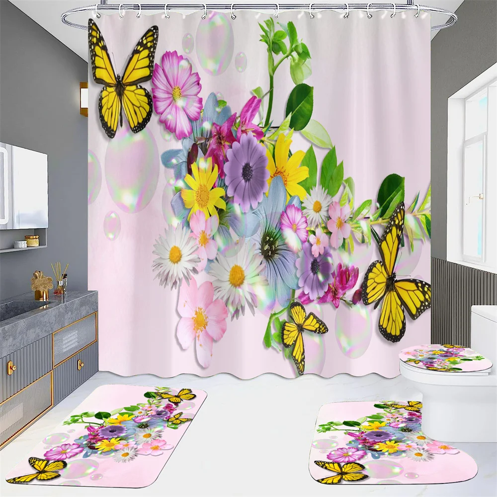 

Floral Butterfly Bathroom Set Shower Curtain and Carpet, Toilet Mat Floral Butterfly Natural landscape Bathroom Decor set