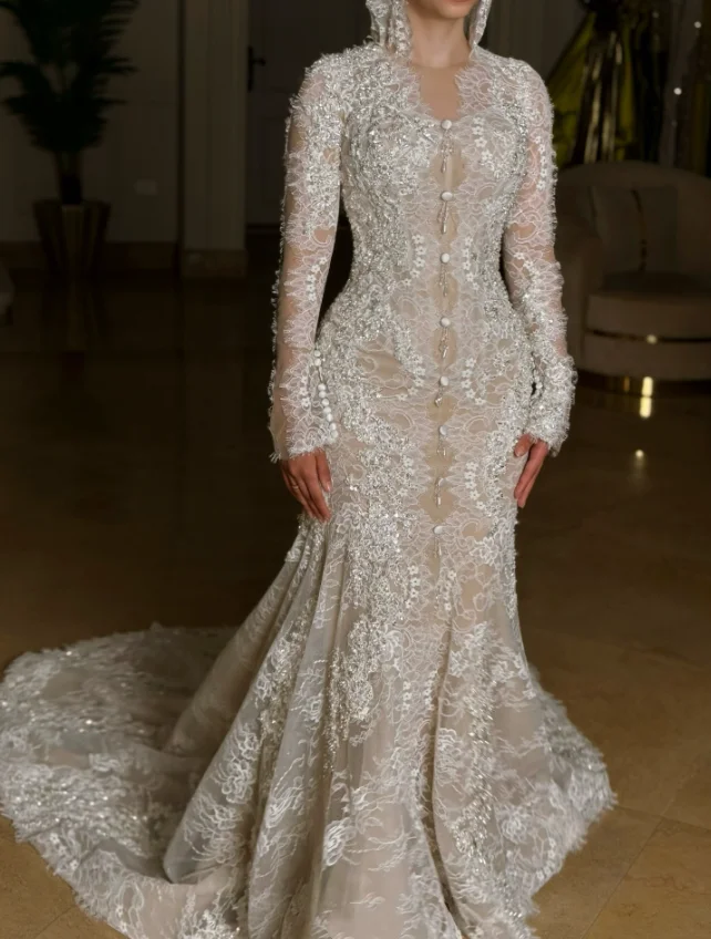 Ivory Champagne Mermaid Muslim Islam Wedding Dresses Sparkly Lace Applique Bridal Henna Bride Gown Garment Hijab Customized