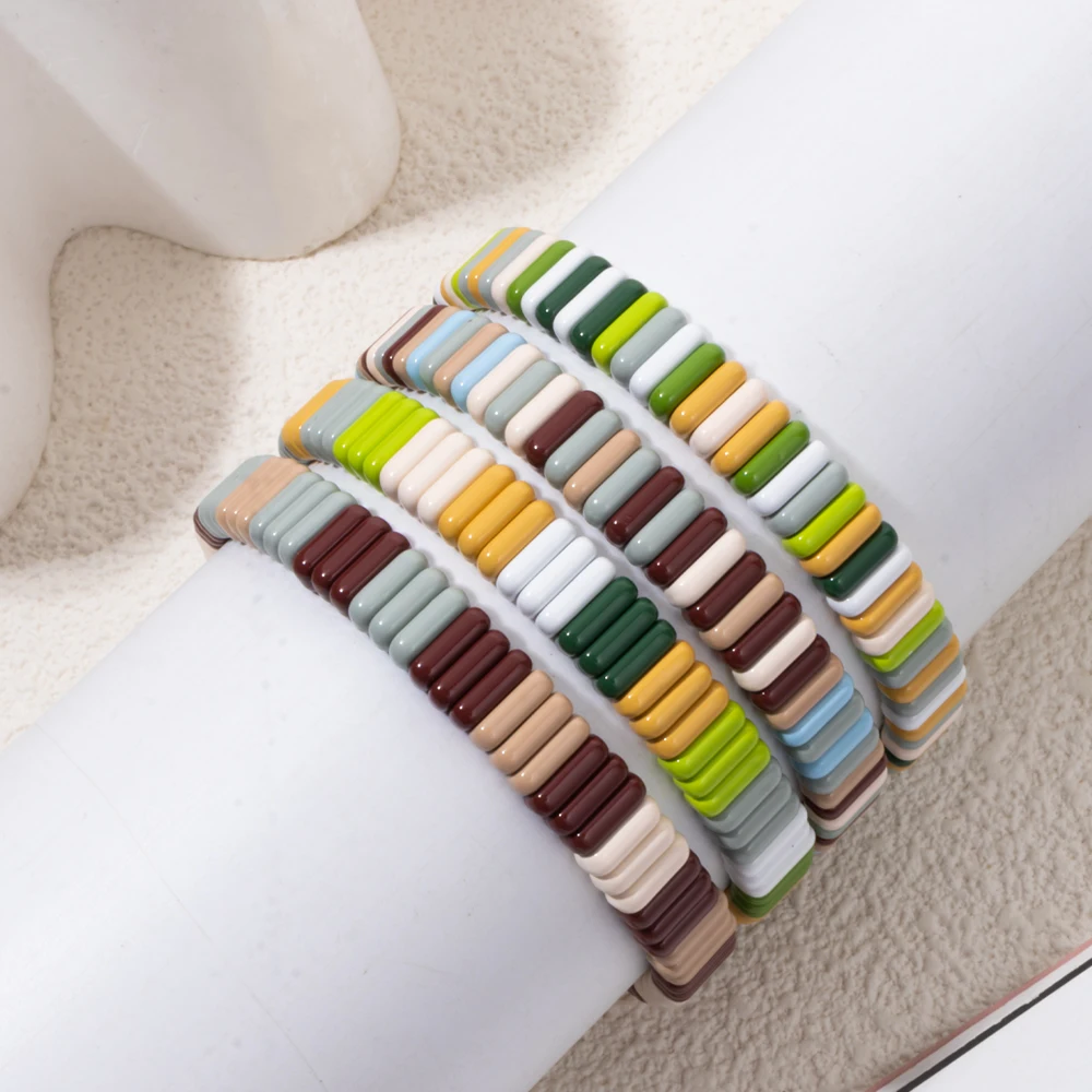 BEUTIFOR Colorful Beaded Elastic Bangle For Women Rainbow Enamel Beads Rainbow Accessory
