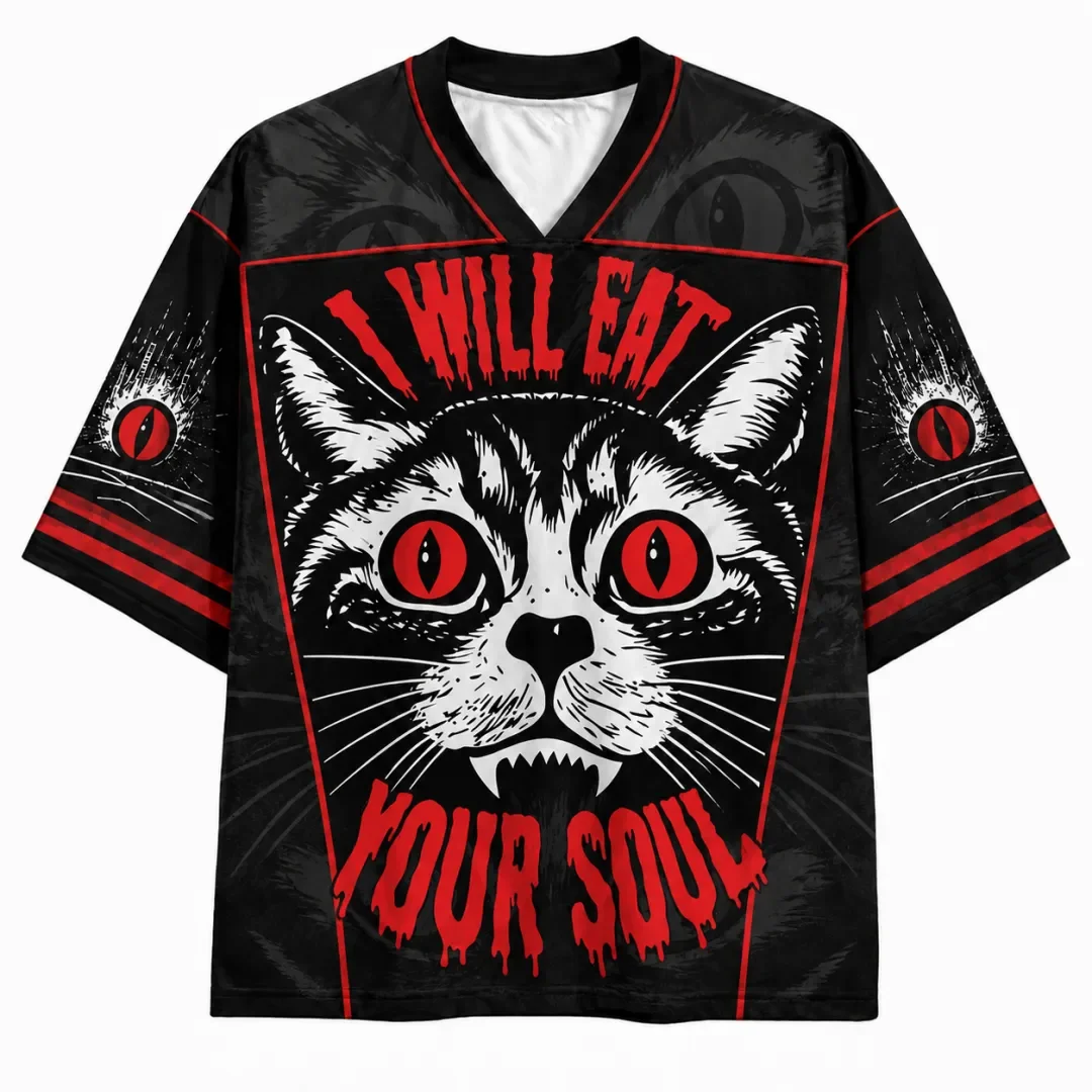 Gothic Evil Cat Pattern Full Screen Printed V-neck Mesh Knitted Sweater Quick Dry Loose Punk Sports Short Sleeve T-shirt