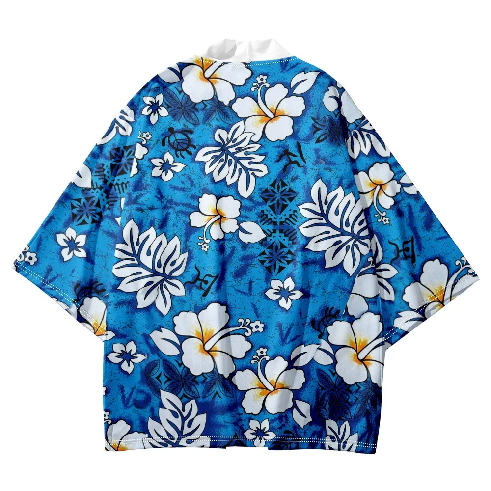 Cárdigan de moda japonesa para hombres y mujeres, blusa Haori Obi, ropa asiática Harajuku, Kimono con estampado Floral azul, ropa de calle samurái