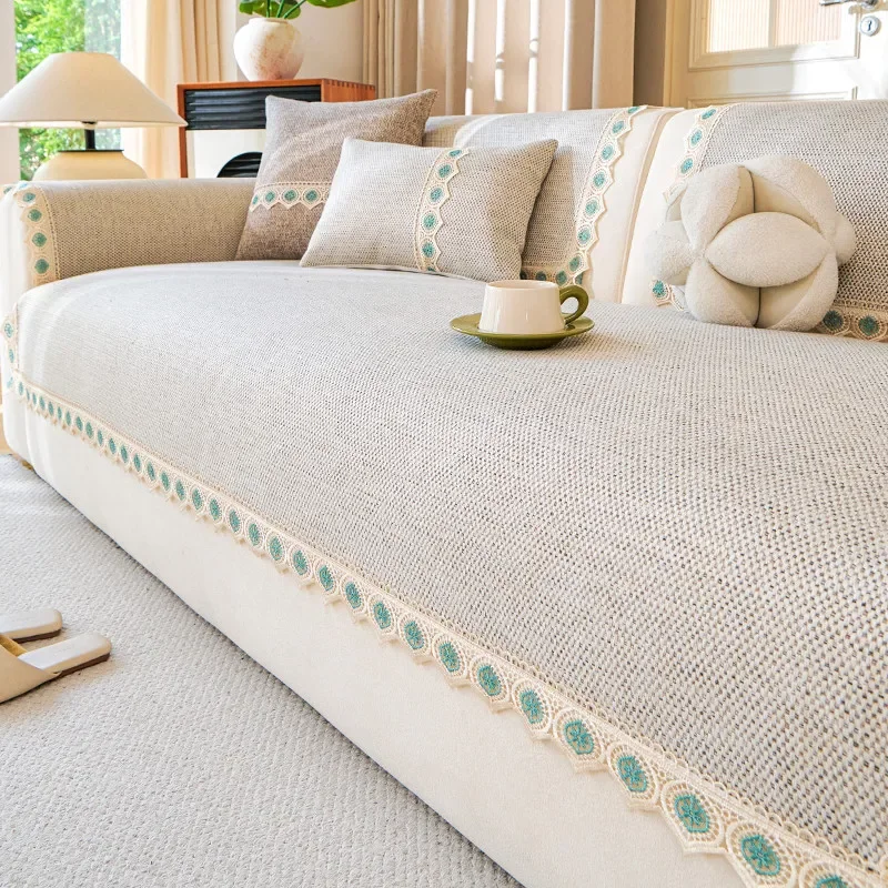 Cat Scratch Resistant All Season Cotton Linen Woven Couch Mat Multi-size Lace Trim Sofa Cover Anti-slip Wear-resistant Sofa Mat