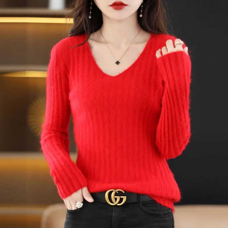 Flat V-Neck Pure Mink Cashmere Sweater Women\'s Long Sleeve Top Autumn and Winter Warm Loose Knit Pullover Solid Color Slim Base