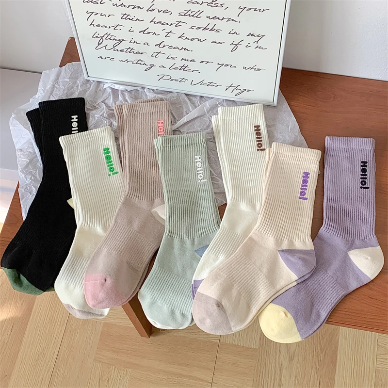 New Women\'s Socks Long Spring Summer Fashion Silicone Letter Crew Socks Girls Mixed-Color Soft Breathable Casual Striped Socks