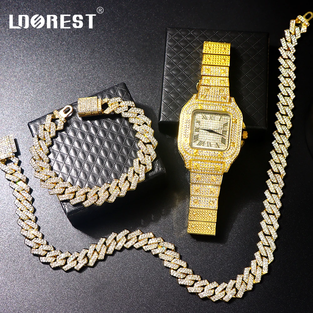 Gold Color 14mm Cuban Chain Watch Set for Men Iced Out Rhinestones Rapper Cuban Necklace Suit Watch+Bracelet Hip Hop Jewelry