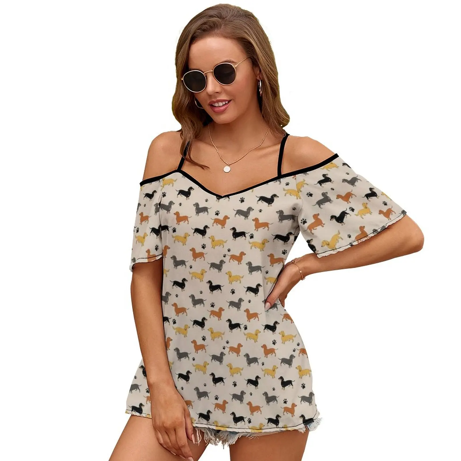 Camiseta feminina primavera e verão impresso t camisas tripulação pescoço pulôver superior cão salsicha weenie (dachshund salsicha cão)