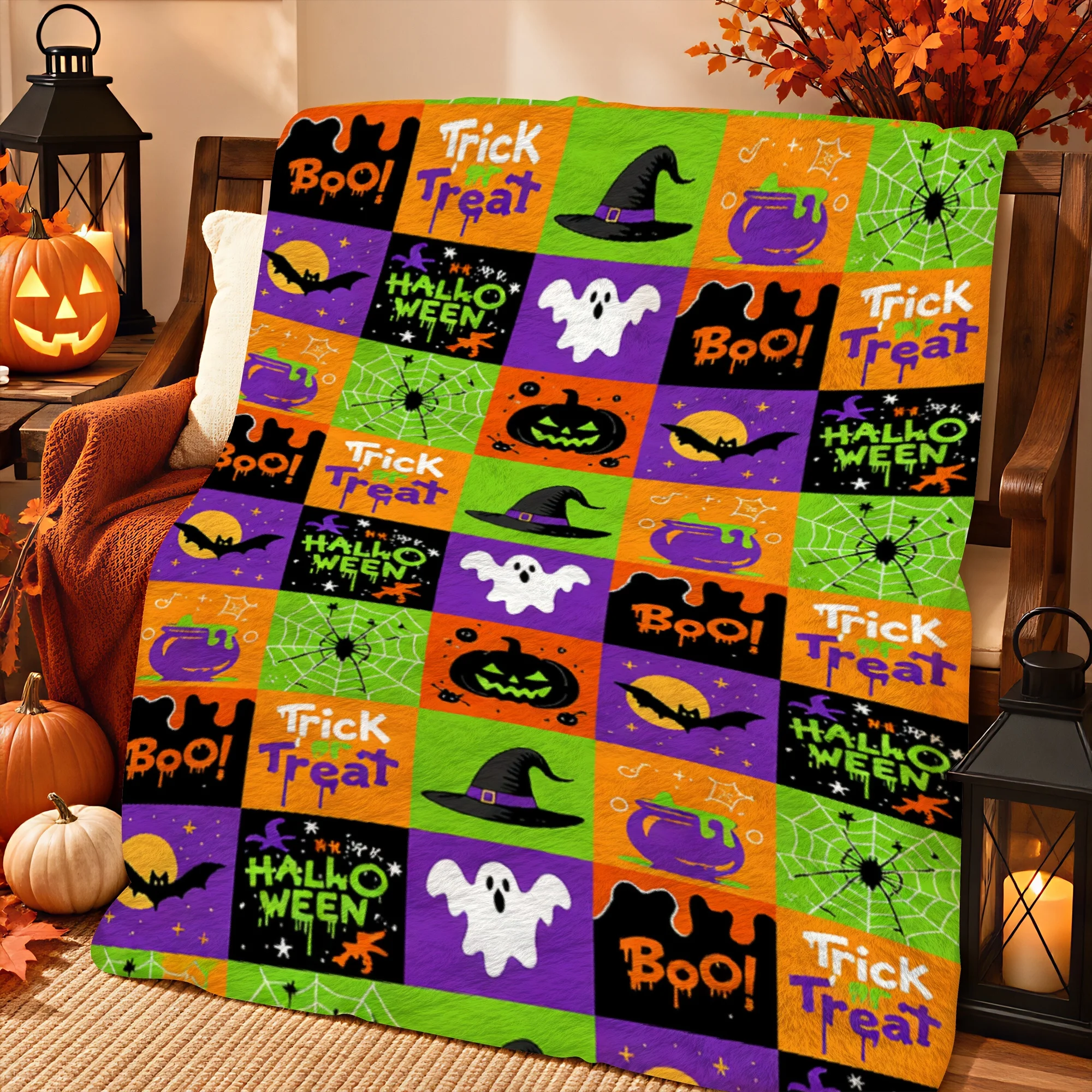 1pc 2D Printed Halloween Throw Blanket with Ghosts Pumpkins Witches Hats Trick Or Treat Text Patchwork Pattern, Soft Comfortable
